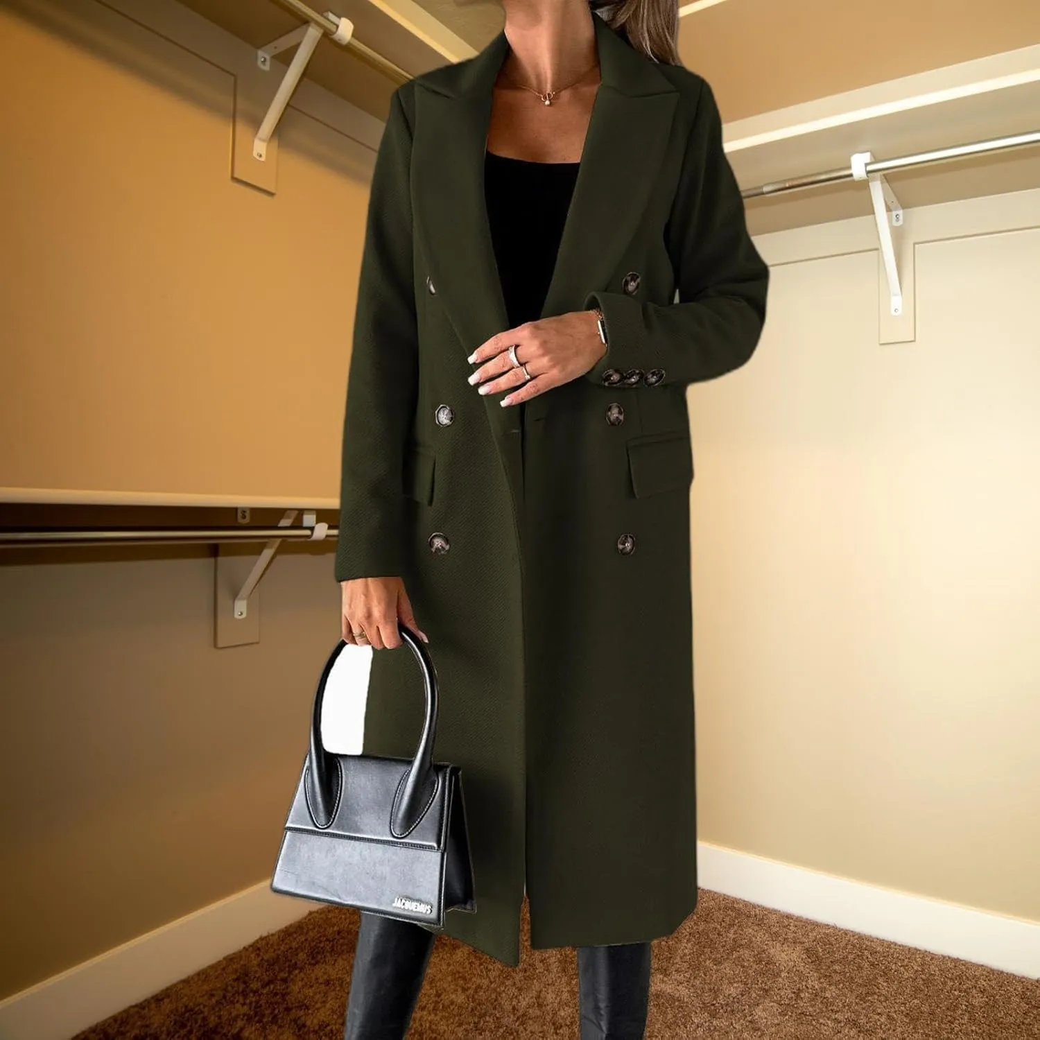 Womens Long Double Breasted Coats Lapel Collar Pea Coat Winter Slim Fit Jackets Trench Coat Outwear Mid Long Jacket