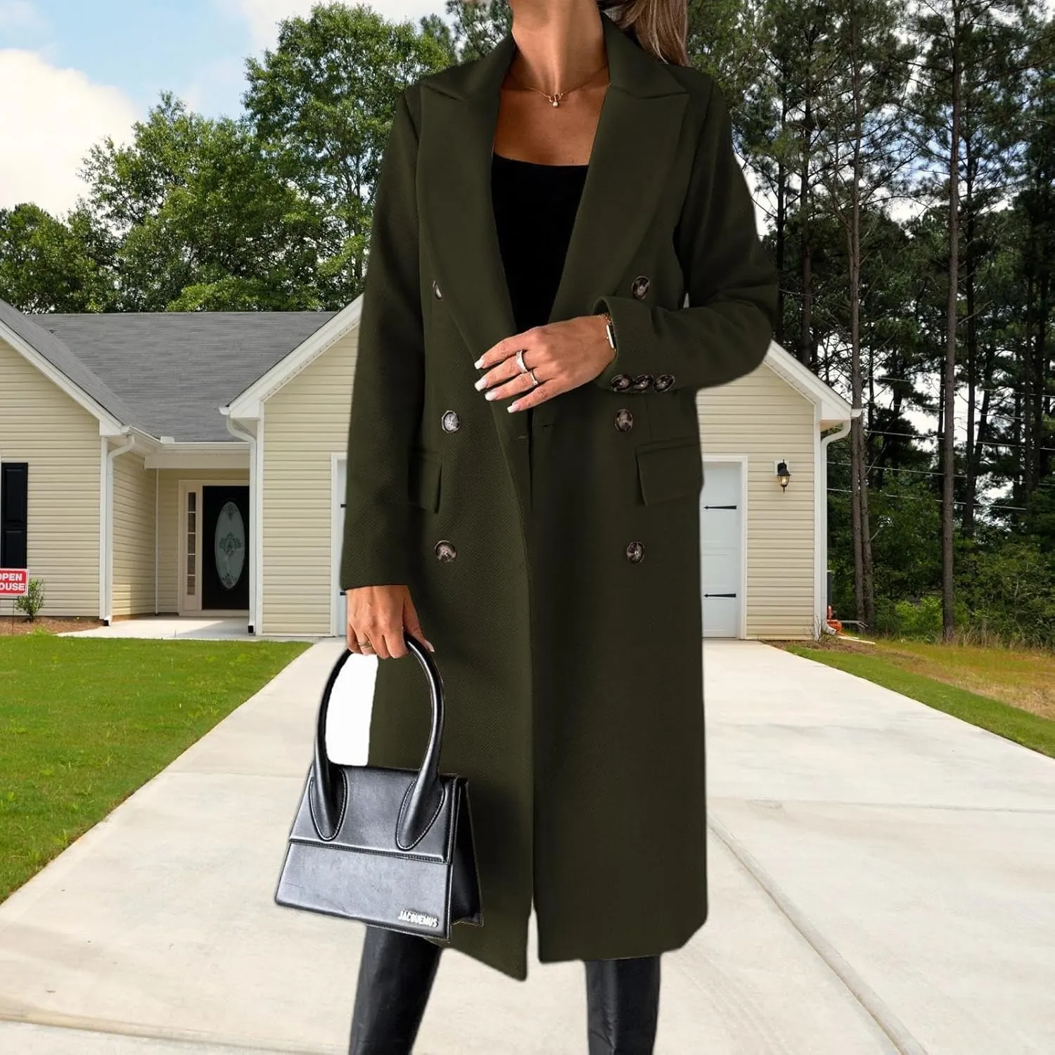 Womens Long Double Breasted Coats Lapel Collar Pea Coat Winter Slim Fit Jackets Trench Coat Outwear Mid Long Jacket