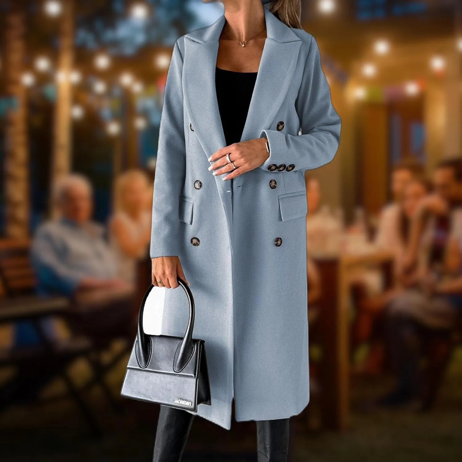 Womens Long Double Breasted Coats Lapel Collar Pea Coat Winter Slim Fit Jackets Trench Coat Outwear Mid Long Jacket