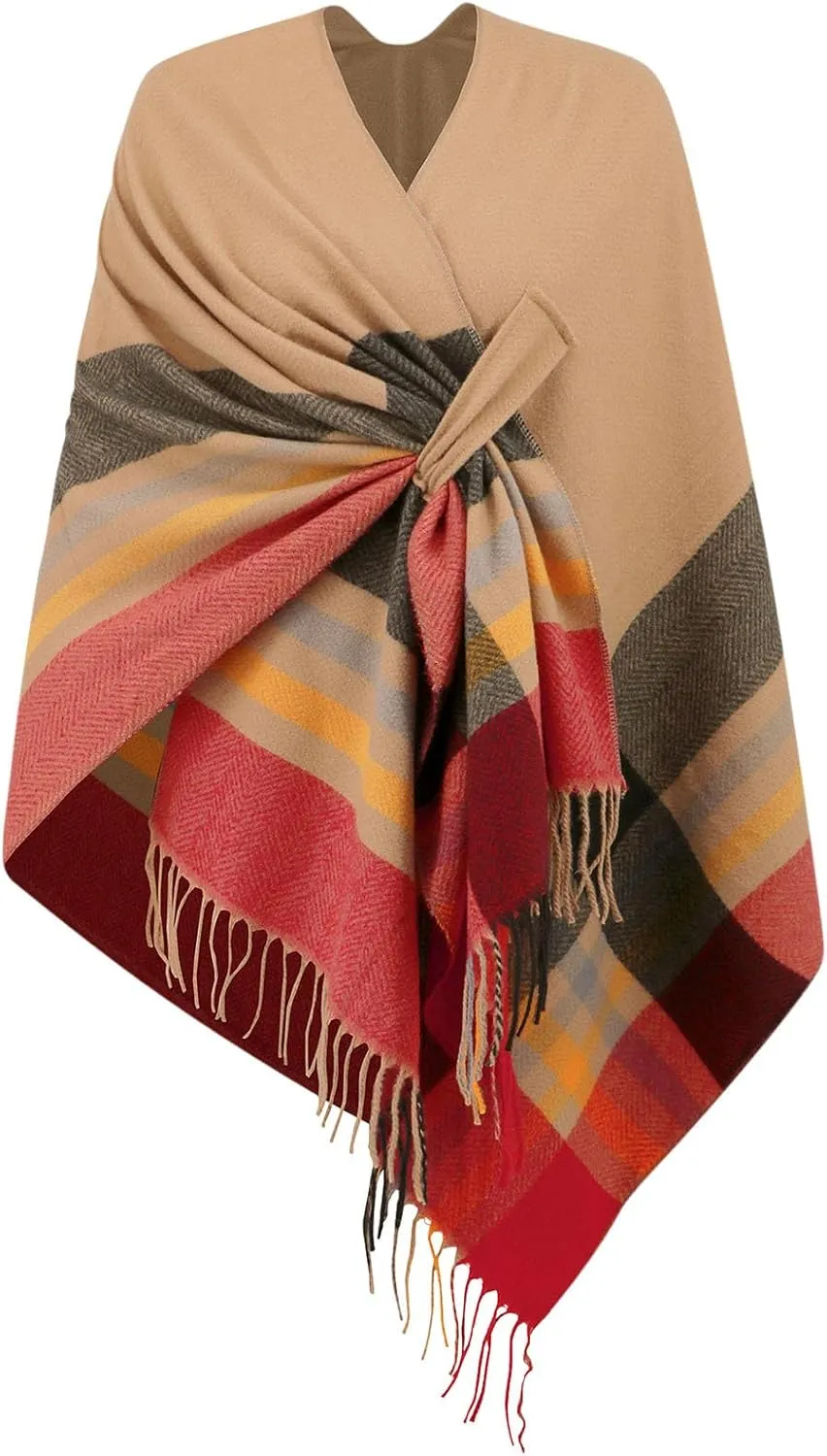 Women's Plaid Shawl Wrap Casual Elegant Poncho Cape Open Front Cardigan Shawls Fall Winter Tassel Fringe Shawl Wrap