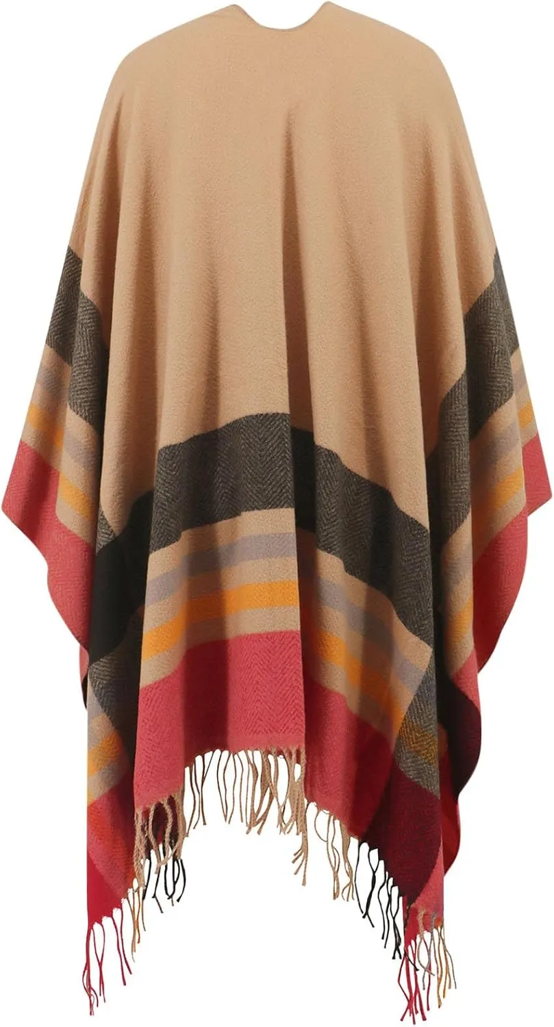 Women's Plaid Shawl Wrap Casual Elegant Poncho Cape Open Front Cardigan Shawls Fall Winter Tassel Fringe Shawl Wrap