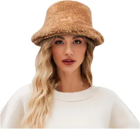 Women's Thermal Fuzzy Fleece Wide Brim Faux Fur Bucket Hat Winter Plush Fluffy Warmer Fisherman Cap for Cold Weather