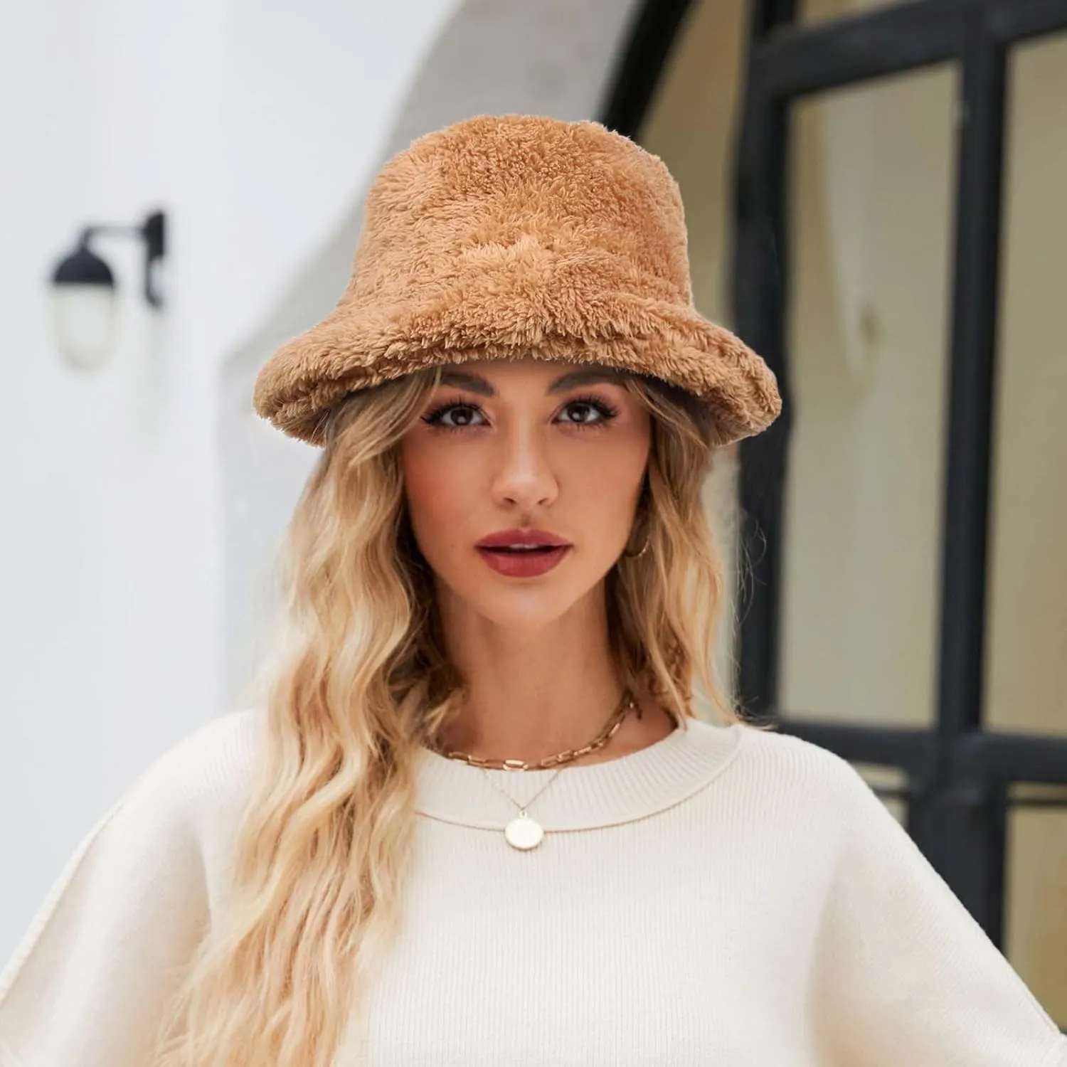 Women's Thermal Fuzzy Fleece Wide Brim Faux Fur Bucket Hat Winter Plush Fluffy Warmer Fisherman Cap for Cold Weather