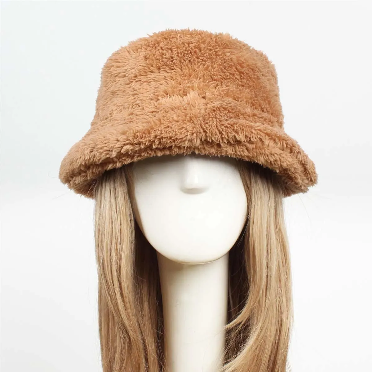 Women's Thermal Fuzzy Fleece Wide Brim Faux Fur Bucket Hat Winter Plush Fluffy Warmer Fisherman Cap for Cold Weather