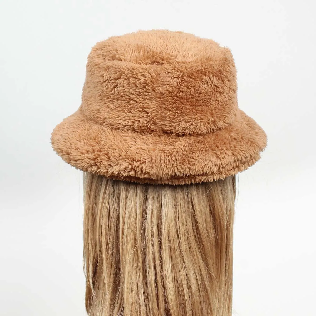 Women's Thermal Fuzzy Fleece Wide Brim Faux Fur Bucket Hat Winter Plush Fluffy Warmer Fisherman Cap for Cold Weather